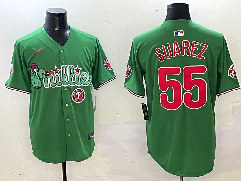 Men Philadelphia Phillies 55 Suarez Green Three generations Joint Name Game 2025 Nike MLB Jersey style 6